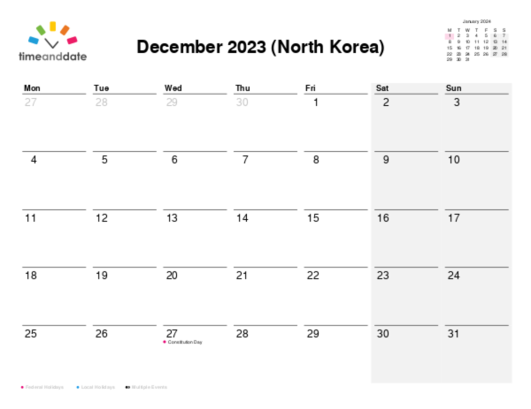 Calendar for 2023 in North Korea