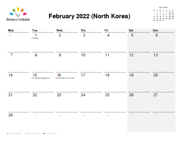 Calendar for 2022 in North Korea