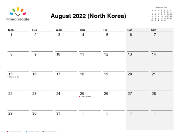 Calendar for 2022 in North Korea