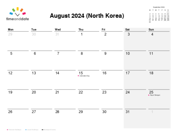 Calendar for 2024 in North Korea