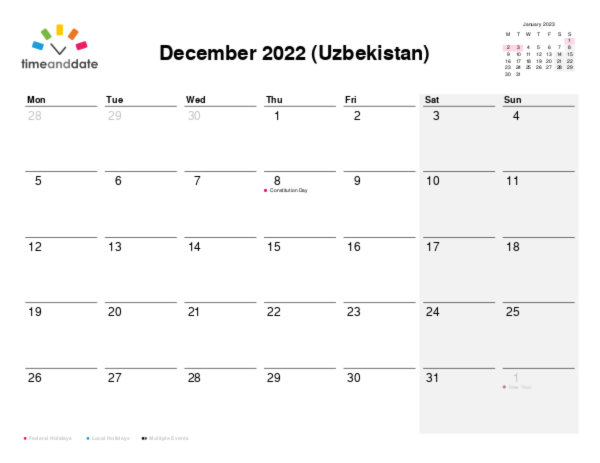 Calendar for 2022 in Uzbekistan
