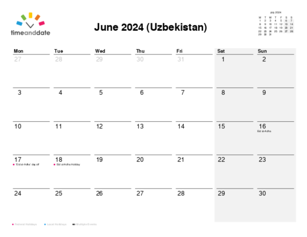 Calendar for 2024 in Uzbekistan