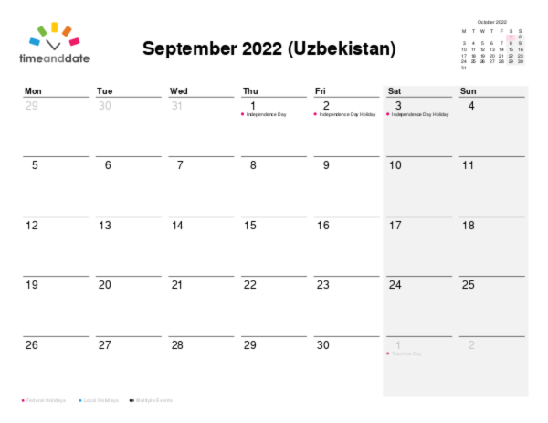 Calendar for 2022 in Uzbekistan