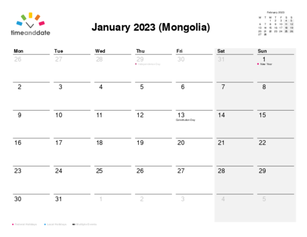 Calendar for 2023 in Mongolia