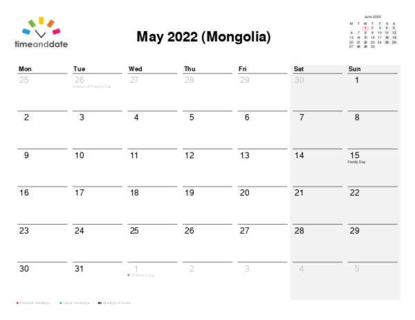 Calendar for 2022 in Mongolia