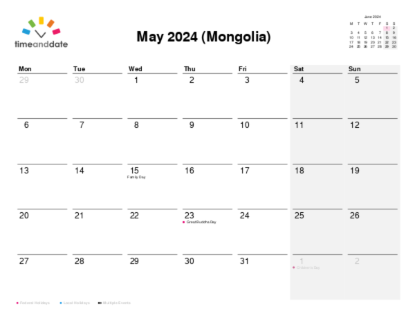 Calendar for 2024 in Mongolia