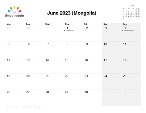 Calendar for 2023 in Mongolia