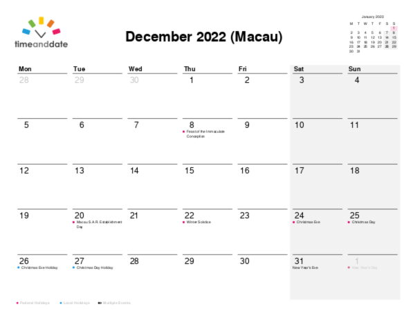Calendar for 2022 in Macau