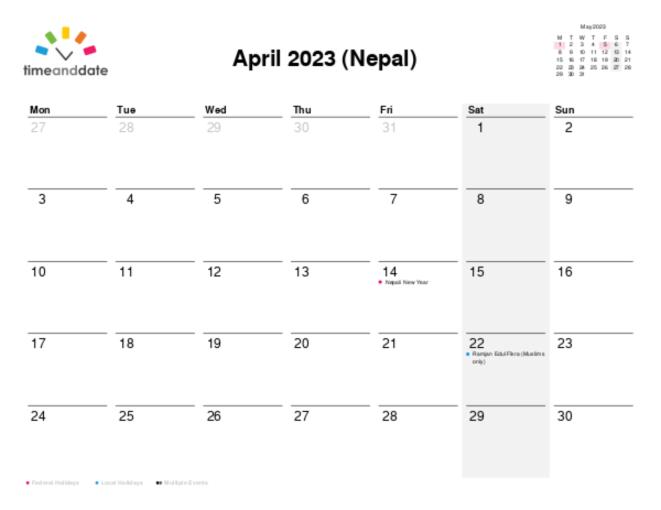 Calendar for 2023 in Nepal