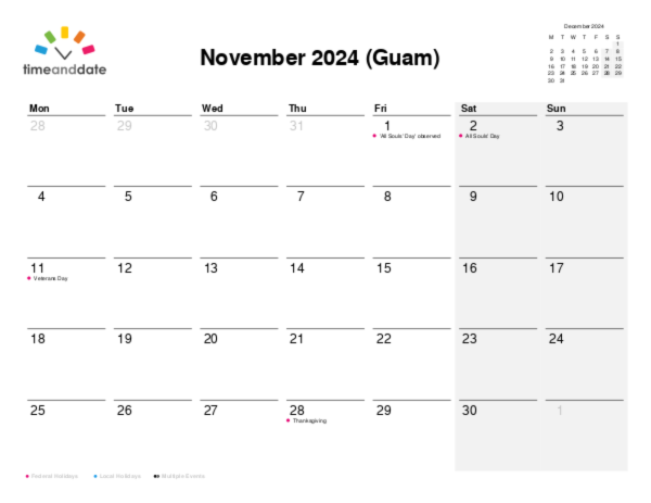 Calendar for 2024 in Guam