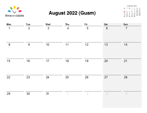 Calendar for 2022 in Guam