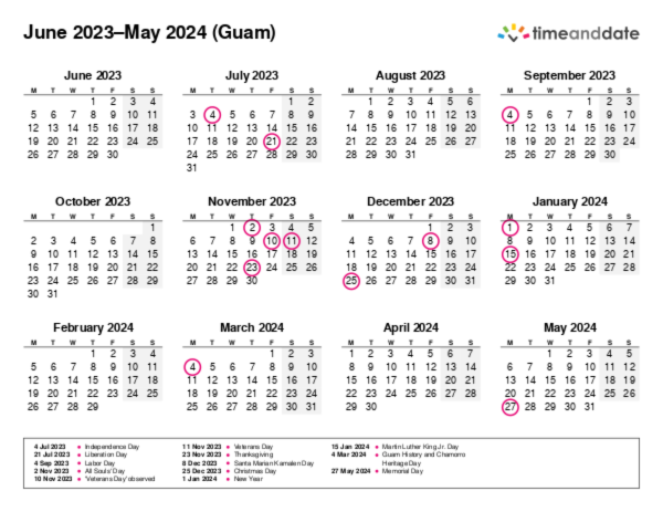 Calendar for 2023 in Guam