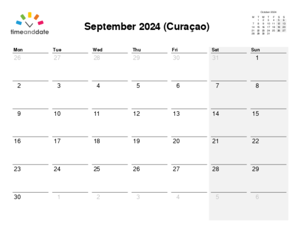 Calendar for 2024 in Curaçao