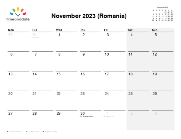 Calendar for 2023 in Romania
