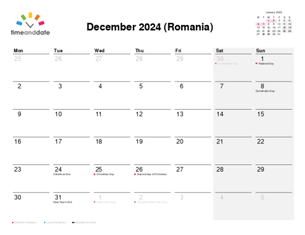 Calendar for 2024 in Romania