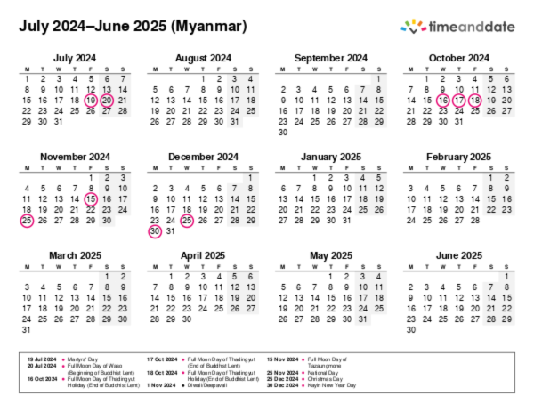 Free Printable Calendar With Holidays For Myanmar