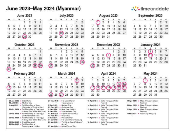 Calendar for 2023 in Myanmar