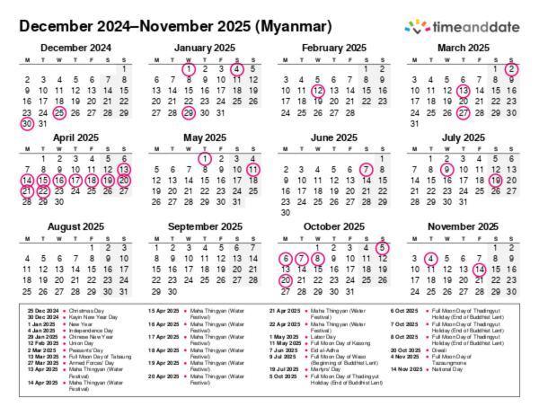 Printable Calendar 2024 for Myanmar (PDF)