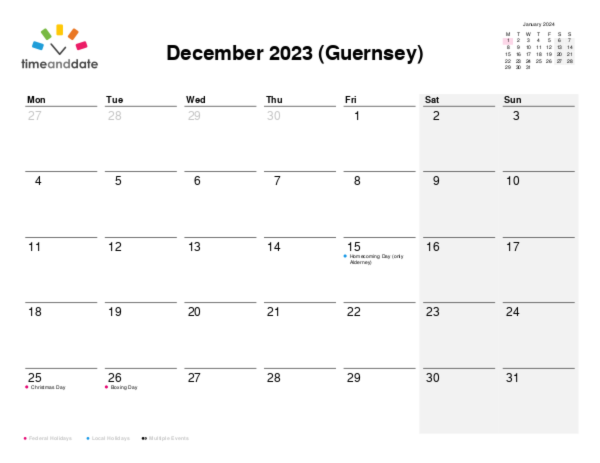 Calendar for 2023 in Guernsey