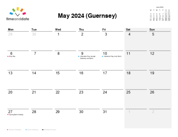 Calendar for 2024 in Guernsey