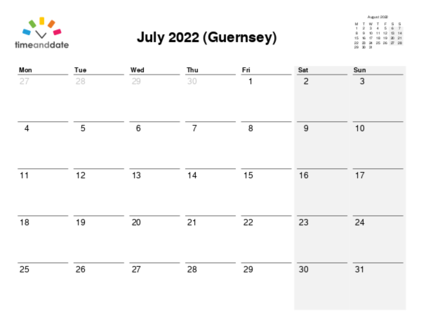 Calendar for 2022 in Guernsey