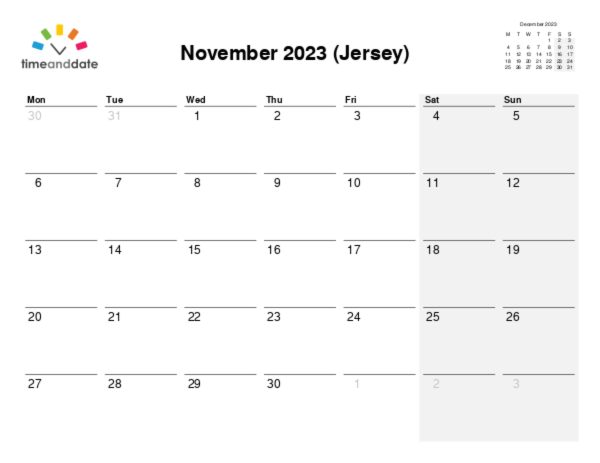 Calendar for 2023 in Jersey