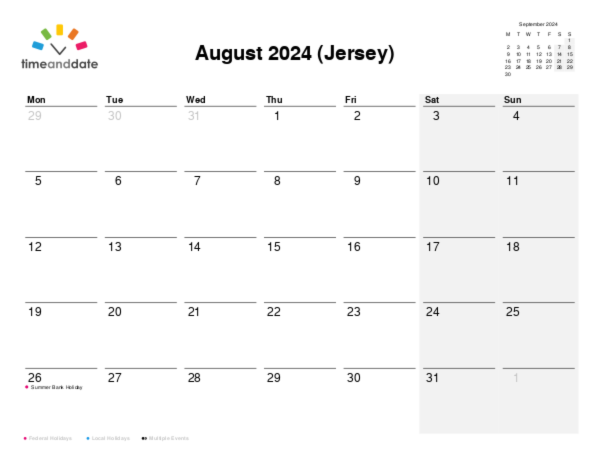 Calendar for 2024 in Jersey