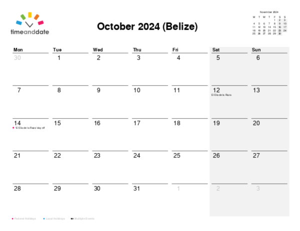 Calendar for 2024 in Belize