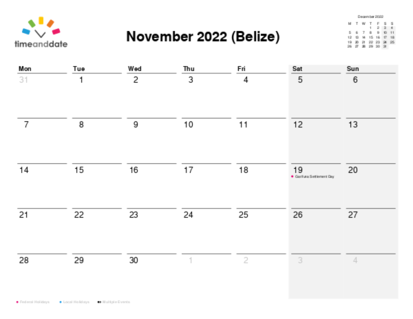 Calendar for 2022 in Belize