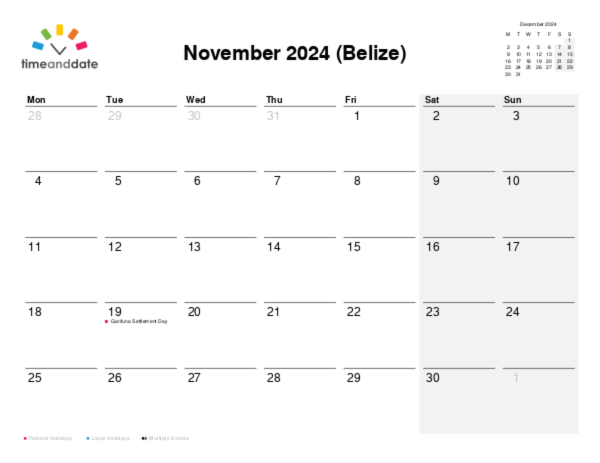 Calendar for 2024 in Belize