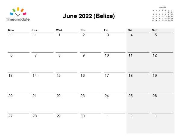 Calendar for 2022 in Belize