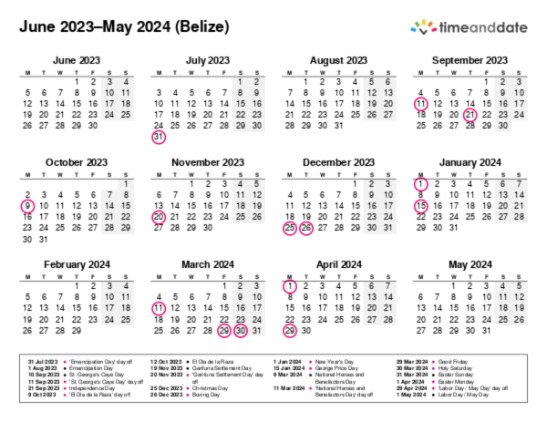Calendar for 2023 in Belize