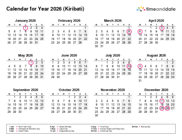 Free Printable Calendar with Holidays for Kiribati