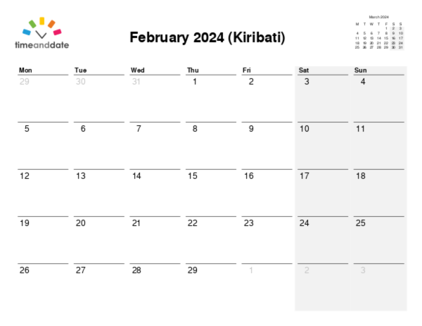 Calendar for 2024 in Kiribati