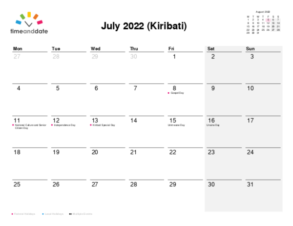 Calendar for 2022 in Kiribati