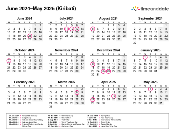 Calendar for 2024 in Kiribati