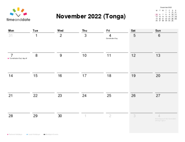 Calendar for 2022 in Tonga