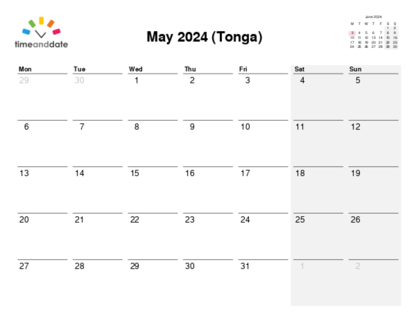 Calendar for 2024 in Tonga