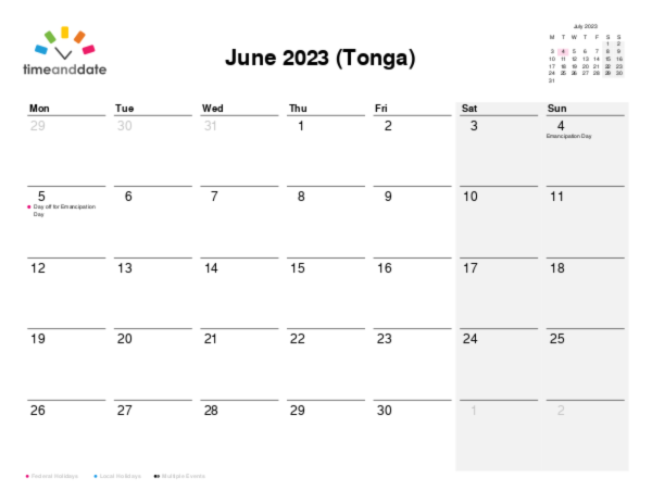 Calendar for 2023 in Tonga