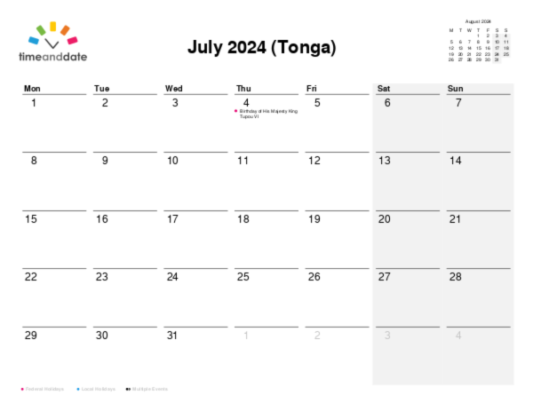 Calendar for 2024 in Tonga