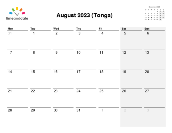 Calendar for 2023 in Tonga