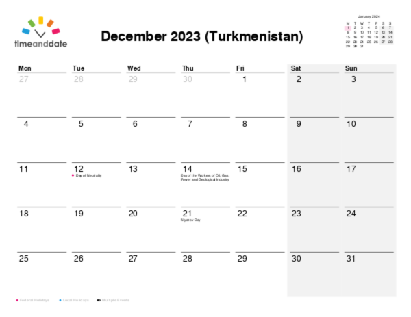 Calendar for 2023 in Turkmenistan