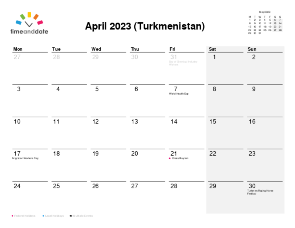 Calendar for 2023 in Turkmenistan