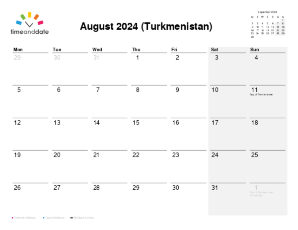 Calendar for 2024 in Turkmenistan