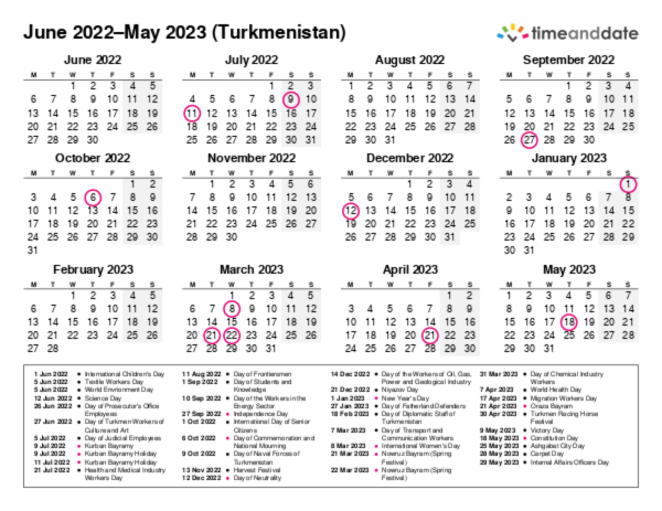 Calendar for 2022 in Turkmenistan