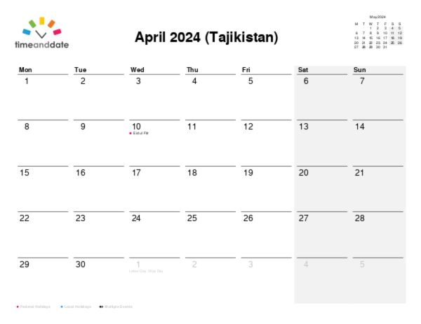 Calendar for 2024 in Tajikistan