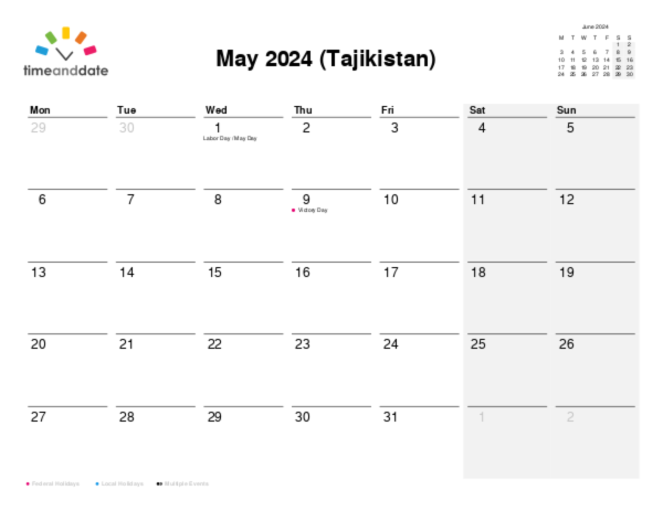 Calendar for 2024 in Tajikistan