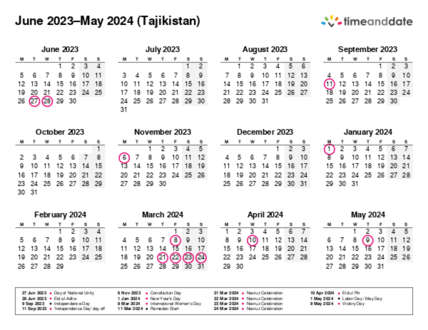 Calendar for 2023 in Tajikistan