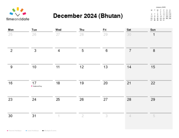 Calendar for 2024 in Bhutan
