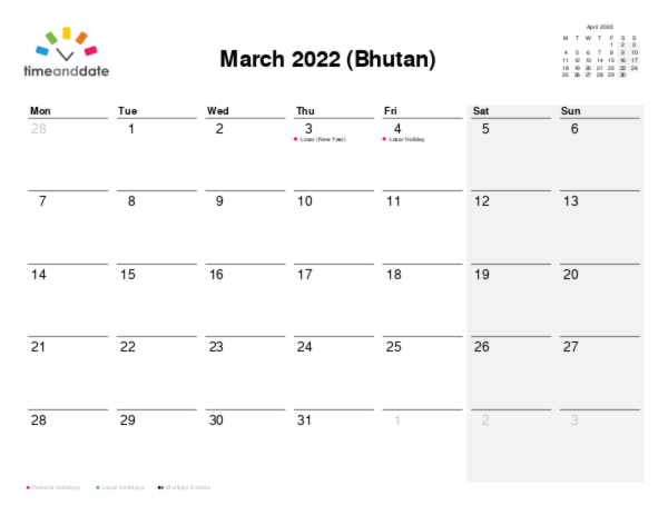 Calendar for 2022 in Bhutan